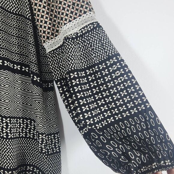 Pink Owl Black Patchwork Print Boho Blouse with Lantern Sleeves Size Medium - Picture 5 of 9